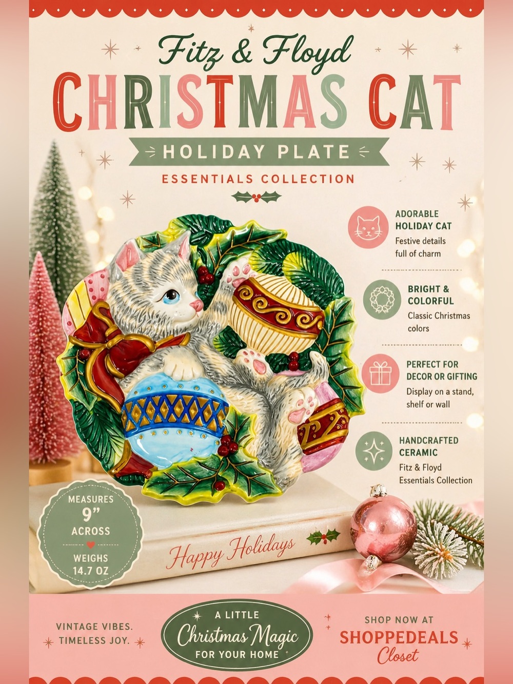 Fitz & Floyd Essentials Christmas Cat Plate – Holiday Ornament Design Dish